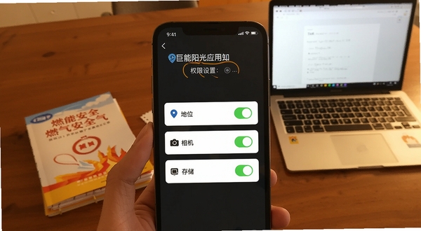 巨能阳光燃气应用在手机上的权限设置界面截图,展示定位、相机、存储三项权限已开启状态;背景为办公桌场景,桌上有燃气安全手册和一台笔记本电脑,整体色调温暖,突出实用指导风格。