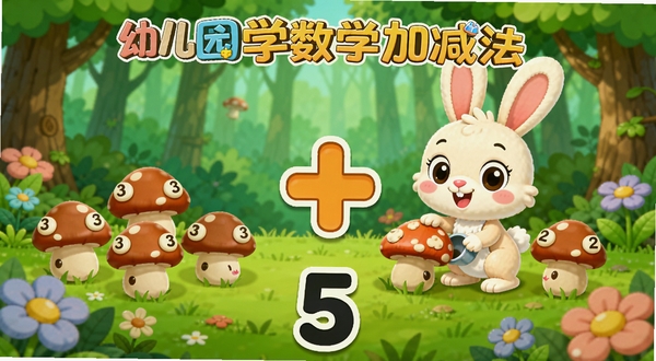 幼儿园学数学加减法软件内动画教学场景,画面中一只可爱的卡通小兔子在森林里采蘑菇,左边显示3个蘑菇,右边显示2个蘑菇,中间有一个大大的加号,底部显示数字5,背景为绿色森林和彩色花朵,整体风格活泼童趣,适合幼儿观看学习,适配Boogu模型生成