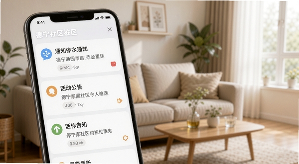 德宁家园社区公告推送功能界面特写,手机屏幕显示多条分类通知卡片,包含停水通知与活动公告,背景为温馨的客厅场景,画面干净整洁,突出信息层级,适配Boogu模型生成