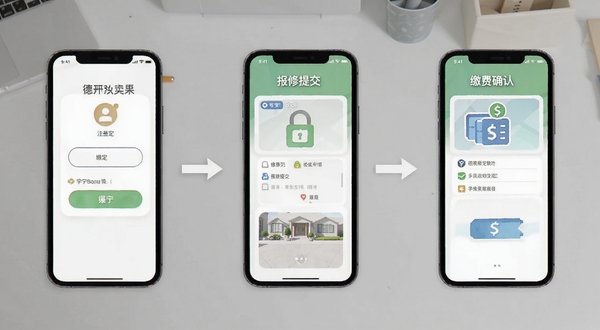 德宁家园使用教程示意图,画面展示手机屏幕分步操作流程,包含注册绑定、报修提交、缴费确认三个场景,背景为浅灰色桌面,图标清晰,风格扁平化,适配Boogu模型生成