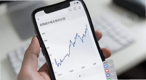 名购岛价格走势折线图界面,手机屏幕显示一条起伏的价格曲线,曲线下方有月份标注,背景为淡灰色极简风格,突出数据可视化的清晰感