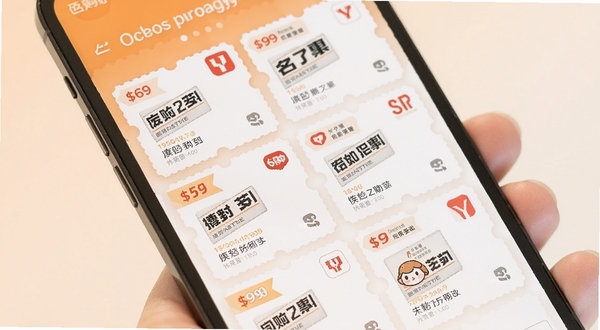 名购岛优惠聚合页面特写,手机屏幕显示多张优惠券卡片整齐排列,卡片上有折扣标签和平台图标,背景为柔和的橙白色调,画面干净清爽