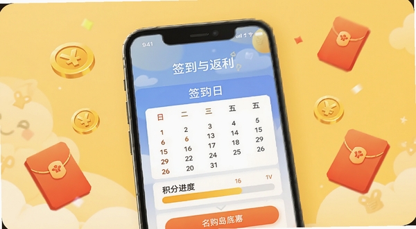 名购岛签到与返利页面,手机屏幕显示签到日历和积分进度条,周围有金币和红包图标点缀,背景为暖黄色调,氛围轻松愉快