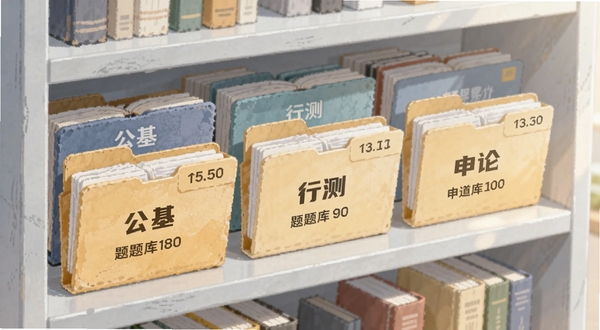 事业单位题库帮题库分类页面截图风格插画,画面中展示多个科目文件夹整齐排列,包括公基、行测、申论等标签,每个文件夹旁有题目数量标记,背景为浅灰色书架质感,光线柔和,突出学习氛围