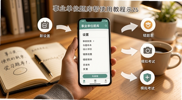 事业单位题库帮使用教程示意图,画面中一只手拿着手机展示刷题界面,旁边有箭头指向设置、错题本、模拟考试等图标,背景为书房桌面,有笔记本和咖啡杯,整体色调温暖,突出学习场景