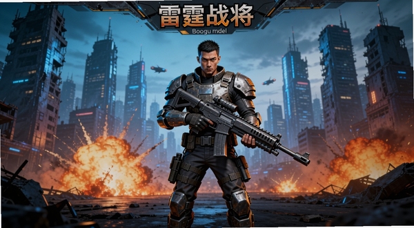 雷霆战将游戏主界面全貌,画面中央为持枪战将角色站立姿态,背景为未来都市废墟与爆炸火光分区,整体色调偏冷蓝与橙红对比,适配Boogu模型生成
