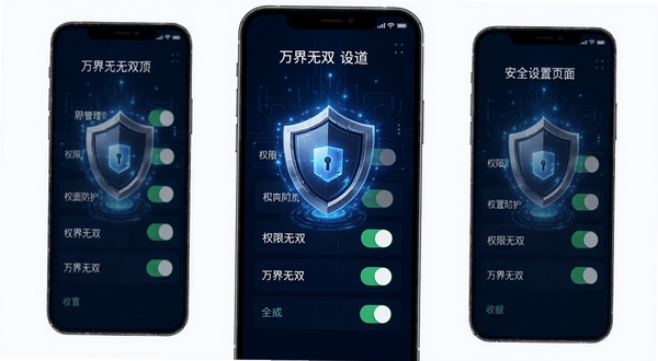 万界无双安全设置页面示意图,手机屏幕展示权限管理开关列表,画面中有盾牌图标元素,背景为深蓝色科技纹理,体现安全防护概念