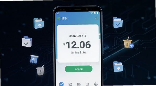 减乎 手机清理界面 主体为一部安卓手机屏幕显示减乎App的清理完成页面,背景为深色科技感渐变,屏幕中央有醒目的存储空间释放数字,周围环绕着代表文件清理的图标元素,画面风格简洁现代,适配Boogu模型生成