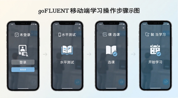 goFLUENT�ƶ���ѧϰ��������ʾ��ͼ���������ֻ������ͼ���չʾ�ӵ�¼��ˮƽ���ԡ�ѡ�ε���ʼѧϰ���ĸ����裬ÿ���������м��ͼ��Ͷ�����˵��������Ϊǳɫ���䣬���������׶�