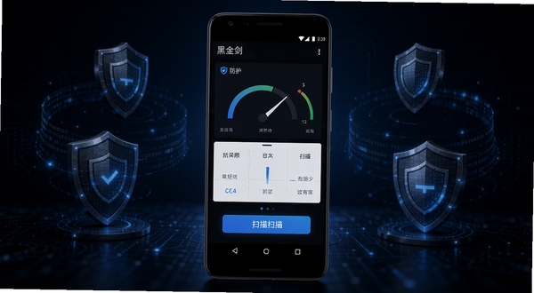 黑剑安全防护软件主界面全貌展示,画面中央放置一部安卓手机,手机屏幕显示黑剑App的防护仪表盘与扫描按钮,背景为深色科技感渐变,四周环绕盾牌与数据流元素,整体风格简洁硬朗,突出安全防护主题