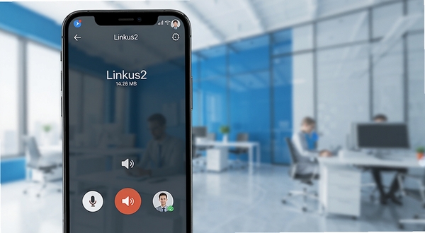 Linkus2 语音通话功能展示,画面主体为手机屏幕特写,屏幕显示 Linkus2 语音通话界面,包含通话时长、静音按钮、扬声器切换图标与联系人头像,背景为虚化的现代办公室环境,色调以蓝白为主,突出软件名称 Linkus2,整体干净利落