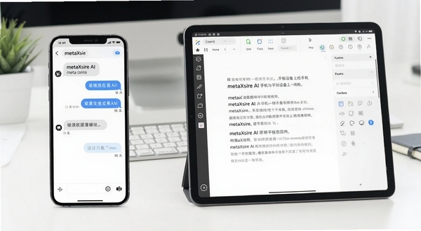 metaXsire AI 在手机与平板设备上的使用场景对比图,左侧手机显示对话界面,右侧平板展示文案编辑功能,背景为简洁的办公桌面,光线明亮均匀,风格清新现代