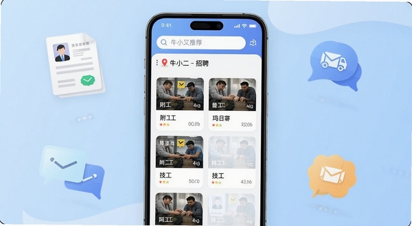 ţС����ƸӦ��������չʾͼ������������һ�������ֻ�����Ļ��ʾţС����ƸAPP�ĸ�λ�Ƽ��б�������ɾ����࣬�������������ͳ��ж�λ���·���Ƭʽչʾ�����չ���������ְλ������Ϊ��͵���ɫ���䣬��Χ��׺�ż������Ի����ݵ���ƸԪ��ͼ�꣬�������ִ����£�����Booguģ������