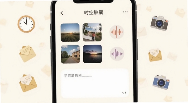 时空胶囊应用界面截图风格展示,手机屏幕中显示一个胶囊编辑页面,页面内排列着照片缩略图、语音波形图标和文字输入框,背景是淡雅的米白色,界面简洁清新,周围漂浮着时钟、信封、相机等小图标,突出多媒体封装功能,软件名称时空胶囊显示在顶部,适配Boogu模型生成
