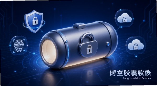 时空胶囊安全加密概念图,画面主体是一个带有密码锁图案的胶囊容器,周围环绕着盾牌、指纹识别、云朵备份等图标,背景为深蓝色科技感渐变,光线从胶囊内部透出,象征数据被安全保护,画面右下方显示时空胶囊软件名称,整体风格简洁专业,适配Boogu模型生成