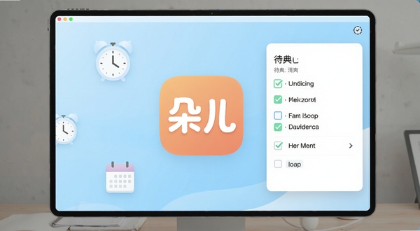 软件主界面展示,画面中央是朵儿应用图标和清爽的待办列表界面,背景为柔和的浅蓝色渐变,点缀着时钟与日历的简约图标,整体风格现代明快