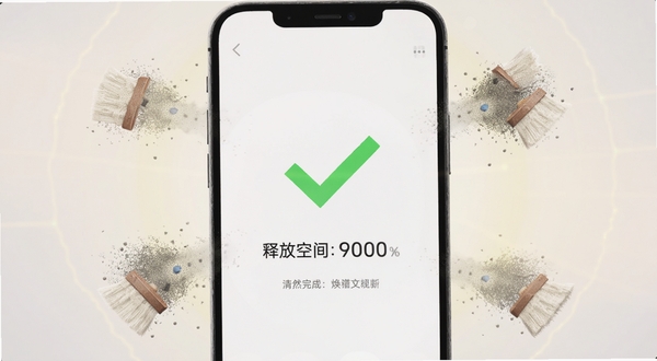手机管理助手清理完成界面截图,画面中央显示绿色对勾与释放空间数值,背景为柔和光晕,手机周围漂浮着被清理的灰尘粒子效果,寓意焕然一新