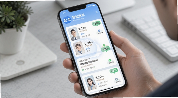�������APP�����Ƽ�ҳ�棬�ֻ���Ļ��ʾ���Ի�ְλ��Ƭ�б���ÿ�ſ�Ƭ����ƥ��Ȱٷֱȱ�ǩ������Ϊ����ɫ���䣬ͻ������ƥ�����Ч��ְ��Χ�����������ִ�