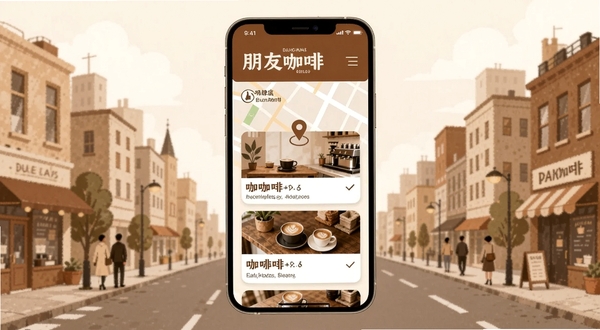 朋友咖啡附近咖啡馆推荐页面,手机屏幕显示地图定位点与咖啡店卡片列表,背景为城市街景插画风格,暖棕色与米白色搭配,突出朋友咖啡品牌标识,画面简洁明快