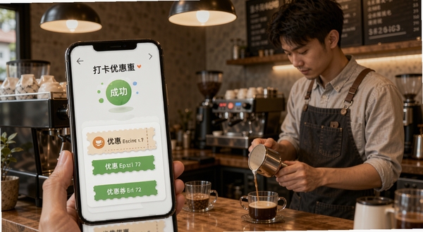 朋友咖啡门店打卡与优惠券界面,手机屏幕显示打卡成功动画与优惠券卡片,背景为咖啡馆吧台场景,咖啡师正在制作饮品,暖光营造舒适氛围