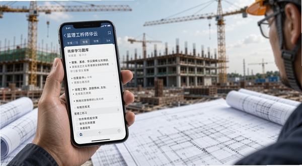 监理工程师华云题库 手机界面展示,工程师手持手机查看题库练习页面,背景为建筑工地与图纸元素,整体色调沉稳专业,突出学习备考氛围