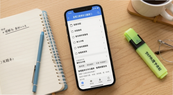 监理工程师华云题库 错题本功能界面,手机屏幕显示错题列表与解析详情,旁边有笔记本和荧光笔,风格清新简洁,突出学习整理场景