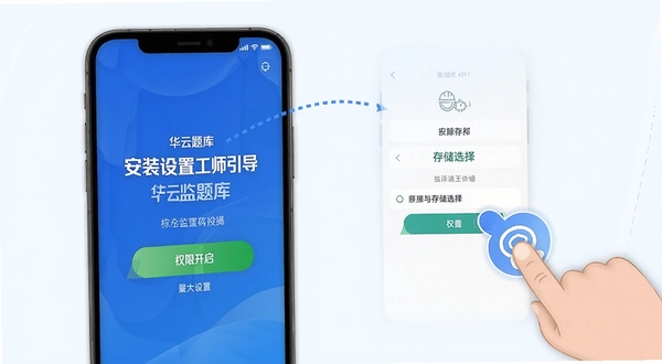 监理工程师华云题库 安装设置引导页面,手机屏幕展示权限开启与存储选择界面,旁边有手指点击示意,风格简洁明快,突出操作指引