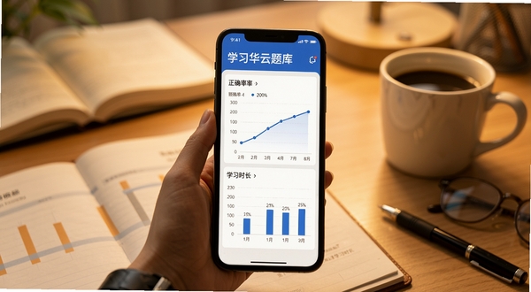 监理工程师华云题库 学习数据统计页面,手机屏幕展示正确率曲线与学习时长图表,背景为书桌与咖啡杯,暖色调,突出备考日常氛围