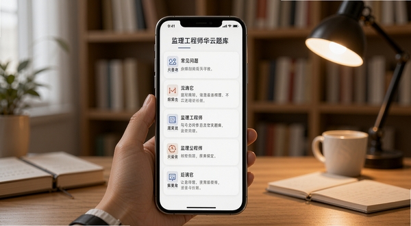 监理工程师华云题库 问答界面示意图,手机屏幕展示常见问题与解答列表,背景为书房环境,光线柔和,突出学习答疑氛围
