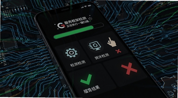 G服务框架检测应用正在执行一键扫描,手机屏幕显示进度条和多个检测项目图标,背景为深色科技感电路板纹理,检测结果以绿色对勾和红色叉号清晰标注,画面充满动态感