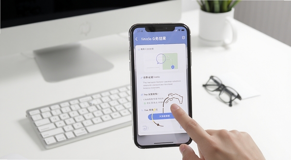 G服务框架检测使用教程示意图,手机屏幕显示检测结果页面,旁边有手指点击操作示意,背景为简洁的白色办公桌面,画面清晰展示操作步骤和界面元素