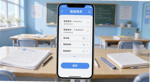 智卷精灵 软件主界面 手机屏幕中央展示智能组卷操作面板 背景为浅蓝色教室场景 桌面摆放试卷与文具 整体风格清新明亮