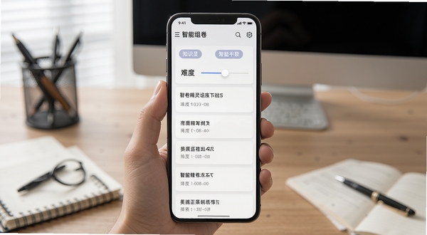 智卷精灵 智能组卷界面 手机屏幕显示知识点标签与难度滑块 多道题目卡片纵向排列 背景为办公桌面 风格简洁商务