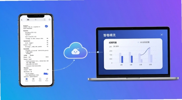 智卷精灵 多端同步示意图 手机与笔记本电脑之间通过云朵图标连接 屏幕分别显示试卷与成绩图表 背景为渐变蓝紫色 科技感风格