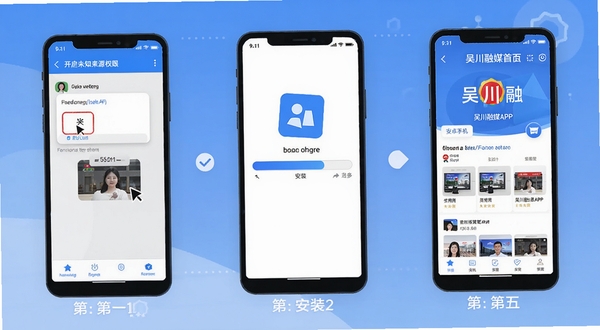 �⴨��ýAPP�ڰ�׿�ֻ��ϵİ�װ��ʹ�ý̳�ʾ��ͼ�������Ϊ��������չʾ����һ���ֻ����ý��濪��δ֪��ԴȨ�ޣ��ڶ���Ӧ�ð�װ���������������⴨��ý��ҳ������ʾ��������Ϊ��ƽ����Ϣͼ����ɫ����ɫ�Ͱ�ɫΪ��