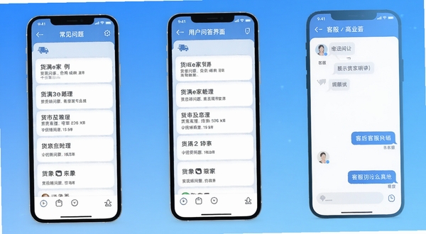 货满e家货主端用户问答界面示意图,手机屏幕显示常见问题列表与客服对话框,背景为简洁的蓝色渐变,扁平化设计风格,Boogu模型生成