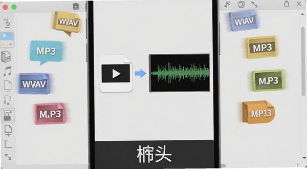 榔头软件格式转换与音频提取功能展示,手机屏幕显示视频文件图标向音频波形图转换的动画效果,背景区域为浅灰色工作区,画面中有MP3、WAV等格式标签环绕,软件名称榔头在界面底部,适配Boogu模型生成