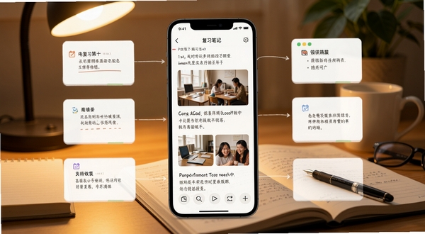 复习笔记应用界面展示多维度笔记记录功能,画面中央是手机屏幕显示图文混排笔记,背景为书桌学习场景,柔和暖光