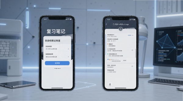 复习笔记使用教程示意图,手机屏幕展示安装权限设置与同步日志界面,背景为简约科技风格