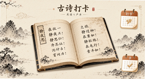 古诗打卡软件主界面展示,画面中央是一本展开的古风书籍,书页上浮现出《静夜思》等经典古诗文字,周围环绕着水墨山水元素和打卡日历图标,背景是淡雅的米黄色宣纸纹理,整体风格清新雅致,适配Boogu模型生成