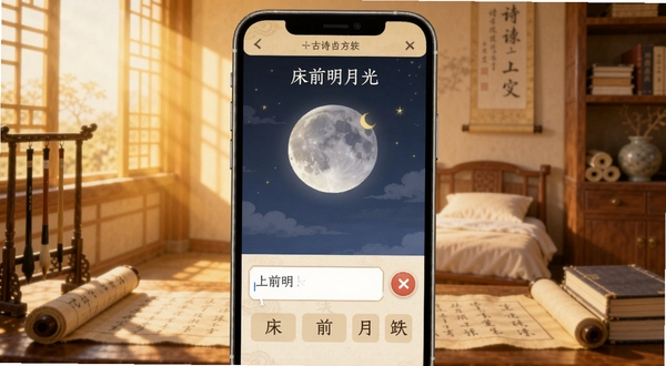 古诗打卡软件诗词接龙游戏界面,画面展示手机屏幕中诗词接龙对战场景,上方显示上句“床前明月光”,下方有输入框和候选字词,背景是古风书房场景,色调温暖明亮,适配Boogu模型生成