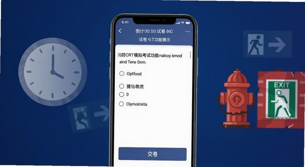 消防CRT模拟考试功能展示,画面主体为手机屏幕中的考试答题界面,顶部显示倒计时与试卷名称,中部为单选题题干和四个选项,底部有交卷按钮;背景区域为深蓝色渐变,左侧漂浮半透明的时钟图标,右侧有消防栓与安全出口标识的扁平化插画,整体氛围专注沉稳,适配Boogu模型生成