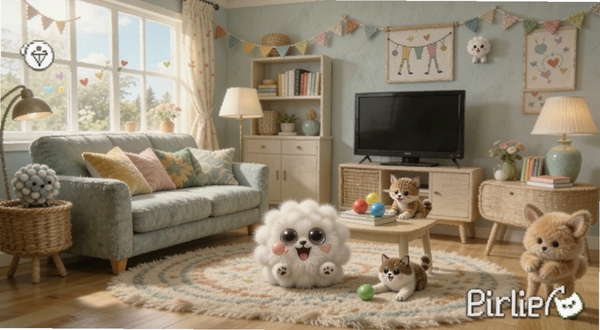 毛球在家 居家场景布置界面 展示多种家具装饰选项 毛球宠物在布置好的房间内玩耍 画面明亮活泼 突出个性化装饰乐趣