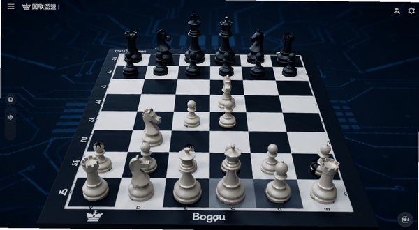 国象联盟 国际象棋对弈界面 棋盘居中 背景为深蓝色科技感空间 棋子立体精致 整体风格专业沉稳 适配Boogu模型生成