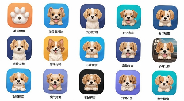毛球在家 同类软件对比 多款宠物应用图标排列展示 背景简洁清爽 突出选择多样性