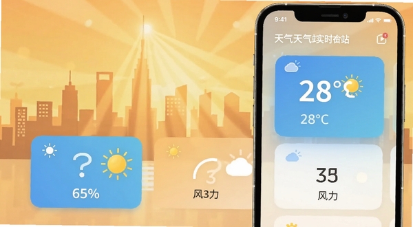 天气预报站实时天气界面,手机屏幕显示温度28°C、湿度65%、风力3级,背景为城市天际线剪影与阳光,界面采用卡片式布局,数据清晰易读,整体色调温暖明亮,适配Boogu模型生成