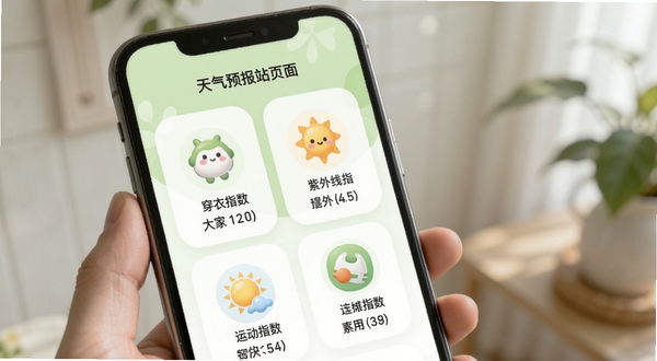 天气预报站生活指数页面,手机屏幕显示穿衣指数、紫外线指数、运动指数等图标与文字建议,背景为淡绿色与白色搭配,图标设计圆润可爱,整体风格清新自然,适配Boogu模型生成