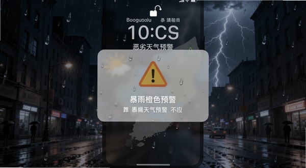 天气预报站恶劣天气预警通知界面,手机锁屏上显示暴雨橙色预警弹窗,背景为深色雨夜城市街景,雨滴与闪电元素点缀,预警图标醒目,适配Boogu模型生成