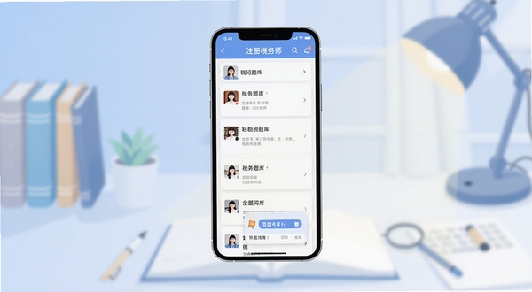 注册税务师全题库手机界面展示,画面中央为手机屏幕内显示税务师题库列表与答题卡,背景区域为淡蓝色渐变书桌场景,柔和光线,扁平化插画风格,突出题库全貌与学习氛围