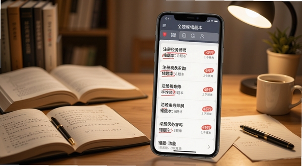 注册税务师全题库错题本功能界面,手机屏幕显示错题列表与红色标记,背景为暖色调书房环境,书本与笔记散落,温馨学习氛围,写实风格